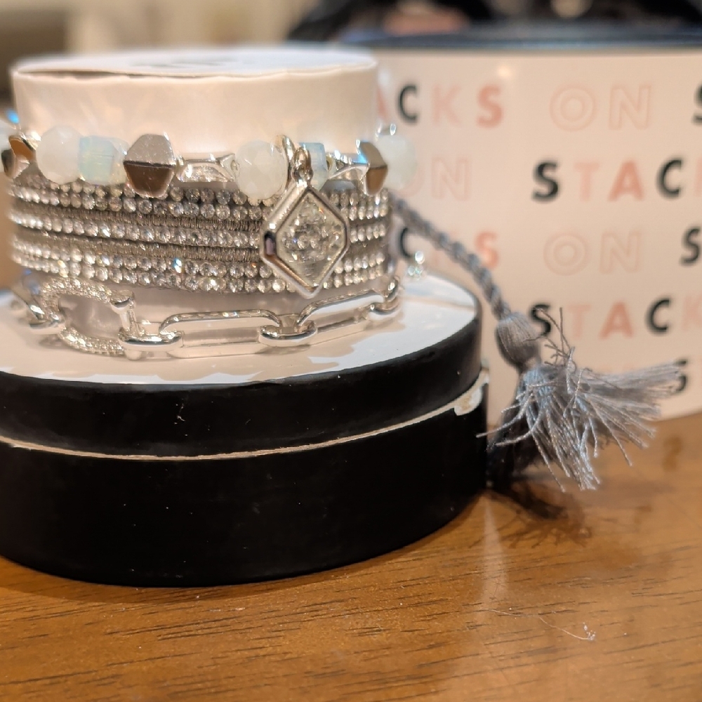 Silver and White Beaded Bracelet Set